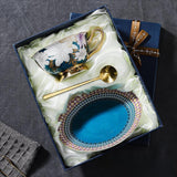 CUPURA Kova - CCS23 Luxury Bone China Tea Cup Set with Saucer Spoon and Strainer Floral Design Light Luxury European Style Gift Box Set Bohemian Powder Blue Classical Blue Rose Angel