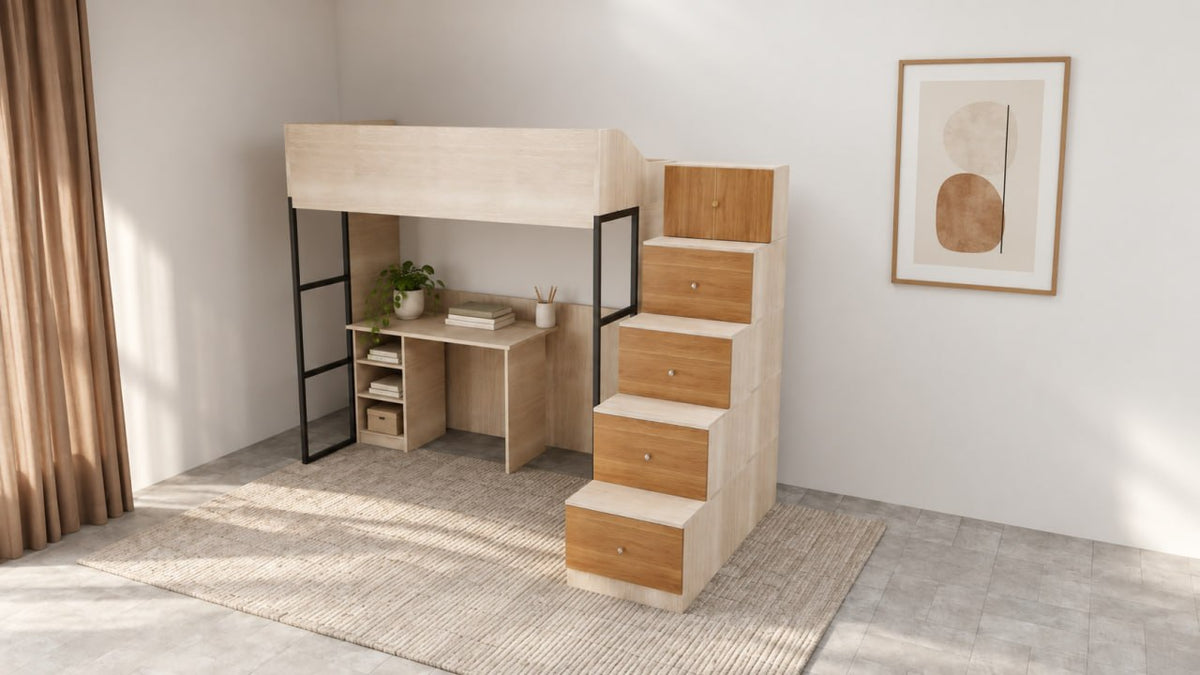 Cleo Loft Bed with Study Table and Drawer Staircase