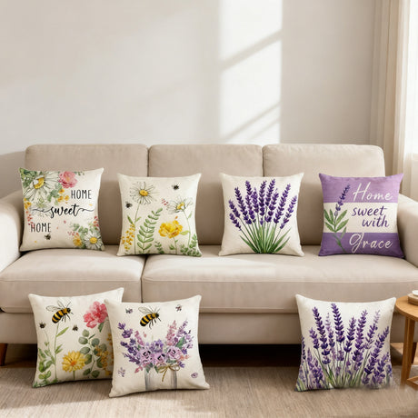 Looma Lavender - Floral Linen Pillow Cover | Spring Plant Print Decorative Cushion - Sofa & Living Room Looma