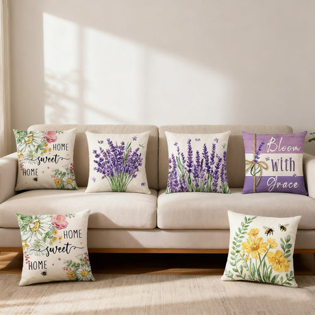 Looma Lavender - Floral Linen Pillow Cover | Spring Plant Print Decorative Cushion - Sofa & Living Room Looma