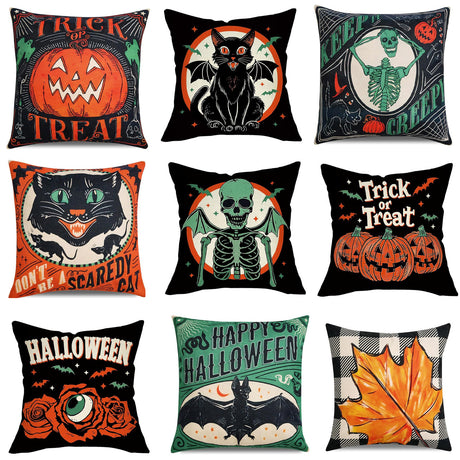 Looma Spooka - Halloween Skull, Pumpkin & Cat Pillow Cover | Spooky Decorative Cushion - Sofa & Living Room Looma