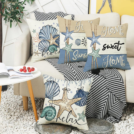Looma- Reg - Ocean Scallop Linen Throw Pillow Cover – Coastal Single-Sided Printed Cushion for Sofa, Car & Living Room Décor Looma