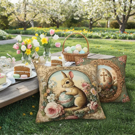 Looma Bunny - Pillow Cover – Cute Rabbit & Egg Floral Cushion Case - Sofa, Living Room & Spring Home Decor Looma