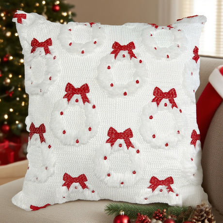 Looma Retro - Christmas Plush Pillow Cover – Embroidered Garland & Bow Cushion Case - Sofa & Holiday Home Decor Looma