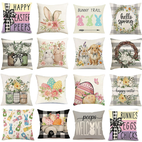 Looma May - Easter Bunny & Egg Pattern Pillow Cover – Spring Linen Cushion for Living Room Sofa Home Decoration - Living Room, Bedroom, Sofa Area Looma