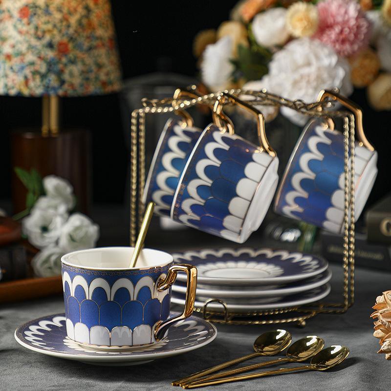 CUPURA Garo - CCS37 Luxury Bone China Tea Cup Set with Saucer Spoon and Strainer Floral Design Light Luxury European Style Gift Box Set Bohemian Powder Blue Classical Blue Rose Angel