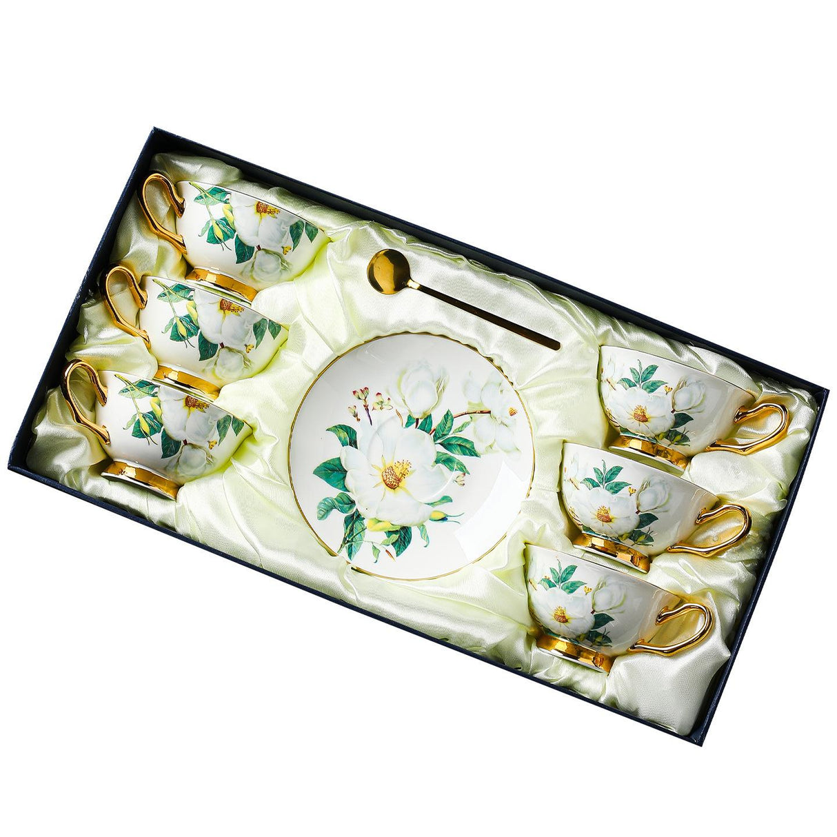 CUPURA Ollo - CCS28 Luxury Bone China Tea Cup Set with Saucer Spoon and Strainer Floral Design Light Luxury European Style Gift Box Set Bohemian Powder Blue Classical Blue Rose Angel