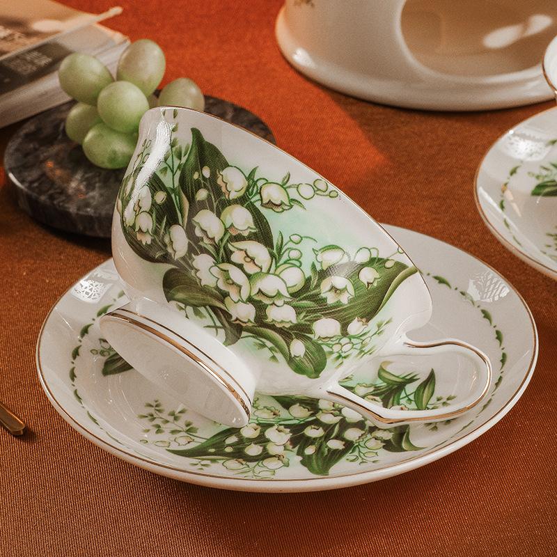 CUPURA Zaro - CCS27 Luxury Bone China Tea Cup Set with Saucer Spoon and Strainer Floral Design Light Luxury European Style Gift Box Set Bohemian Powder Blue Classical Blue Rose Angel