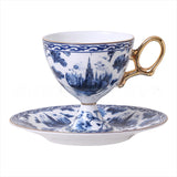 CUPURA Nelo - CCS294 Luxury Bone China Tea Cup Set with Saucer Spoon and Strainer Floral Design Light Luxury European Style Gift Box Set Bohemian Powder Blue Classical Blue Rose Angel