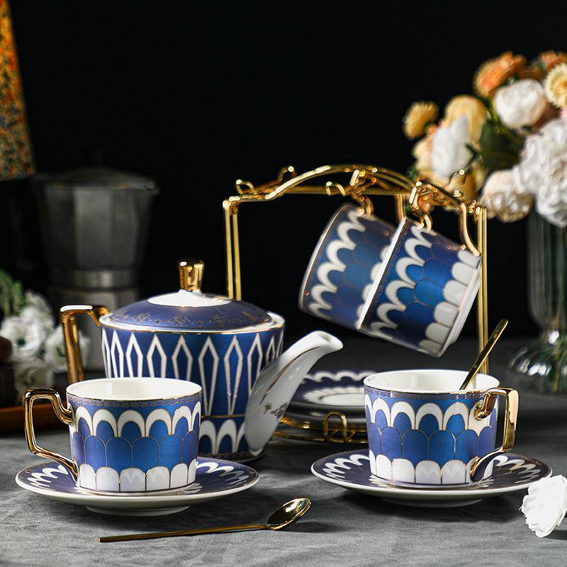 CUPURA Garo - CCS37 Luxury Bone China Tea Cup Set with Saucer Spoon and Strainer Floral Design Light Luxury European Style Gift Box Set Bohemian Powder Blue Classical Blue Rose Angel