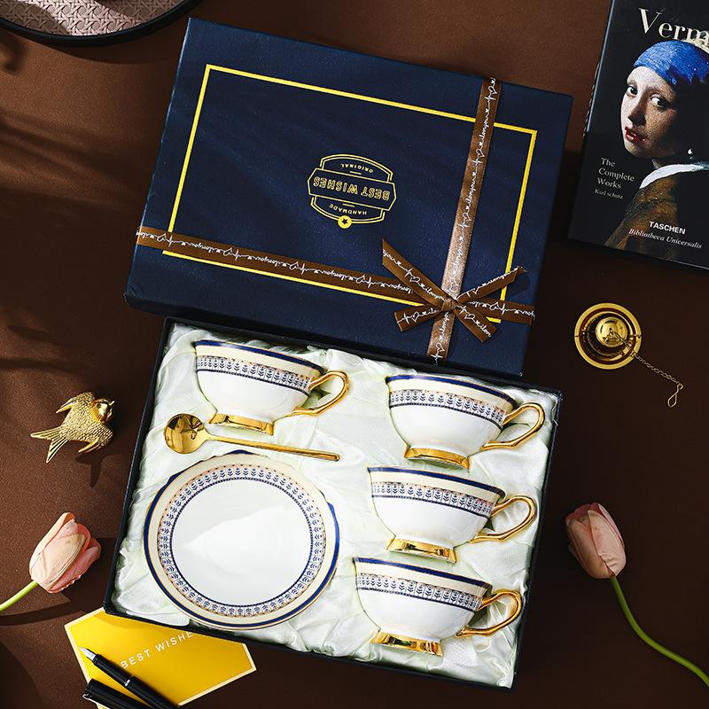 CUPURA Aro - CCS31 Luxury Bone China Tea Cup Set with Saucer Spoon and Strainer Floral Design Light Luxury European Style Gift Box Set Bohemian Powder Blue Classical Blue Rose Angel