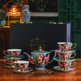 CUPURA Buno - CCS26 Luxury Bone China Tea Cup Set with Saucer Spoon and Strainer Floral Design Light Luxury European Style Gift Box Set Bohemian Powder Blue Classical Blue Rose Angel