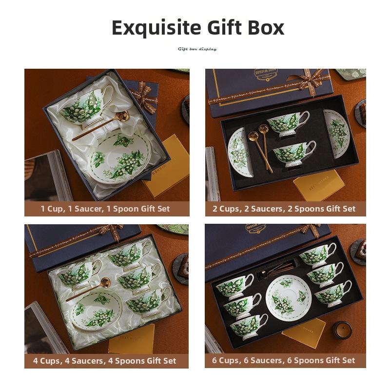 CUPURA Zaro - CCS27 Luxury Bone China Tea Cup Set with Saucer Spoon and Strainer Floral Design Light Luxury European Style Gift Box Set Bohemian Powder Blue Classical Blue Rose Angel