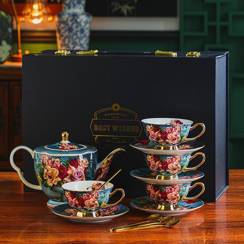 CUPURA Buno - CCS26 Luxury Bone China Tea Cup Set with Saucer Spoon and Strainer Floral Design Light Luxury European Style Gift Box Set Bohemian Powder Blue Classical Blue Rose Angel