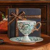 CUPURA Dune - CCS34 Luxury Bone China Tea Cup Set with Saucer Spoon and Strainer Floral Design Light Luxury European Style Gift Box Set Bohemian Powder Blue Classical Blue Rose Angel