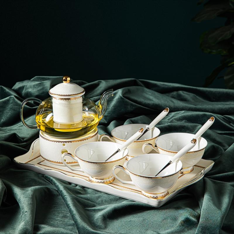 CUPURA Riva - CCS24 Luxury Bone China Tea Cup Set with Saucer Spoon and Strainer Floral Design Light Luxury European Style Gift Box Set Bohemian Powder Blue Classical Blue Rose Angel