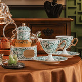 CUPURA Dune - CCS34 Luxury Bone China Tea Cup Set with Saucer Spoon and Strainer Floral Design Light Luxury European Style Gift Box Set Bohemian Powder Blue Classical Blue Rose Angel