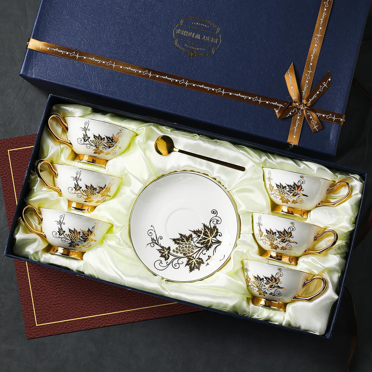 CUPURA Ollo - CCS28 Luxury Bone China Tea Cup Set with Saucer Spoon and Strainer Floral Design Light Luxury European Style Gift Box Set Bohemian Powder Blue Classical Blue Rose Angel