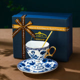 CUPURA Nelo - CCS294 Luxury Bone China Tea Cup Set with Saucer Spoon and Strainer Floral Design Light Luxury European Style Gift Box Set Bohemian Powder Blue Classical Blue Rose Angel