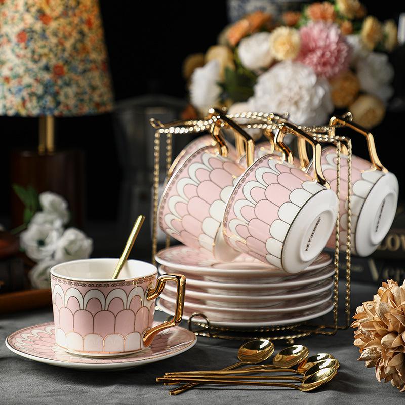 CUPURA Garo - CCS37 Luxury Bone China Tea Cup Set with Saucer Spoon and Strainer Floral Design Light Luxury European Style Gift Box Set Bohemian Powder Blue Classical Blue Rose Angel