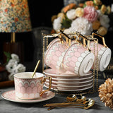 CUPURA Garo - CCS37 Luxury Bone China Tea Cup Set with Saucer Spoon and Strainer Floral Design Light Luxury European Style Gift Box Set Bohemian Powder Blue Classical Blue Rose Angel