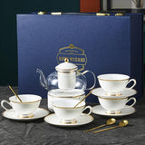 CUPURA Riva - CCS24 Luxury Bone China Tea Cup Set with Saucer Spoon and Strainer Floral Design Light Luxury European Style Gift Box Set Bohemian Powder Blue Classical Blue Rose Angel