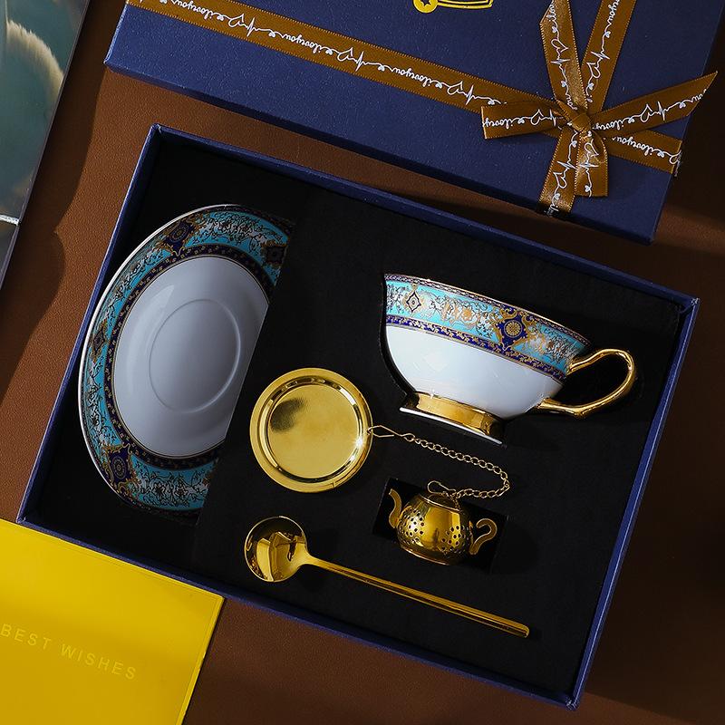 CUPURA Hano - CCS38 Luxury Bone China Tea Cup Set with Saucer Spoon and Strainer Floral Design Light Luxury European Style Gift Box Set Bohemian Powder Blue Classical Blue Rose Angel