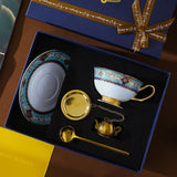 CUPURA Hano - CCS38 Luxury Bone China Tea Cup Set with Saucer Spoon and Strainer Floral Design Light Luxury European Style Gift Box Set Bohemian Powder Blue Classical Blue Rose Angel