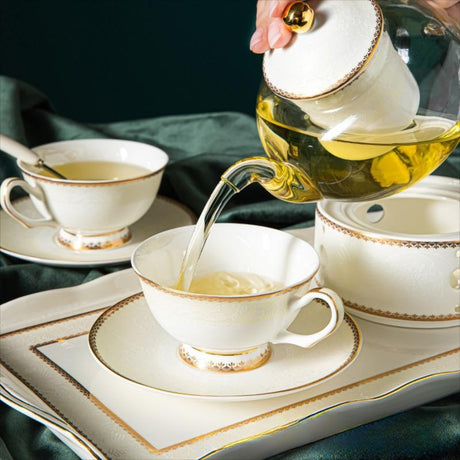 CUPURA Riva - CCS24 Luxury Bone China Tea Cup Set with Saucer Spoon and Strainer Floral Design Light Luxury European Style Gift Box Set Bohemian Powder Blue Classical Blue Rose Angel