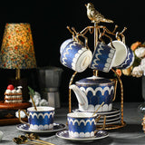 CUPURA Garo - CCS37 Luxury Bone China Tea Cup Set with Saucer Spoon and Strainer Floral Design Light Luxury European Style Gift Box Set Bohemian Powder Blue Classical Blue Rose Angel