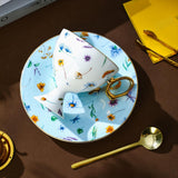 CUPURA Moka - CCS19 Luxury Bone China Tea Cup Set with Saucer Spoon and Strainer Floral Design Light Luxury European Style Gift Box Set Bohemian Powder Blue Classical Blue Rose Angel