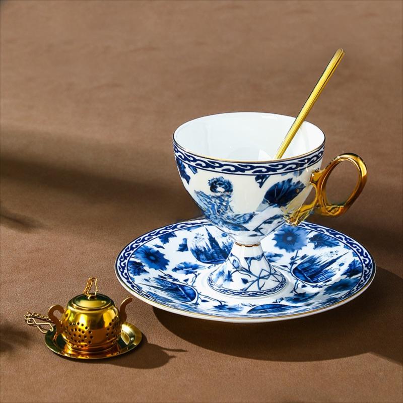 CUPURA Nelo - CCS294 Luxury Bone China Tea Cup Set with Saucer Spoon and Strainer Floral Design Light Luxury European Style Gift Box Set Bohemian Powder Blue Classical Blue Rose Angel