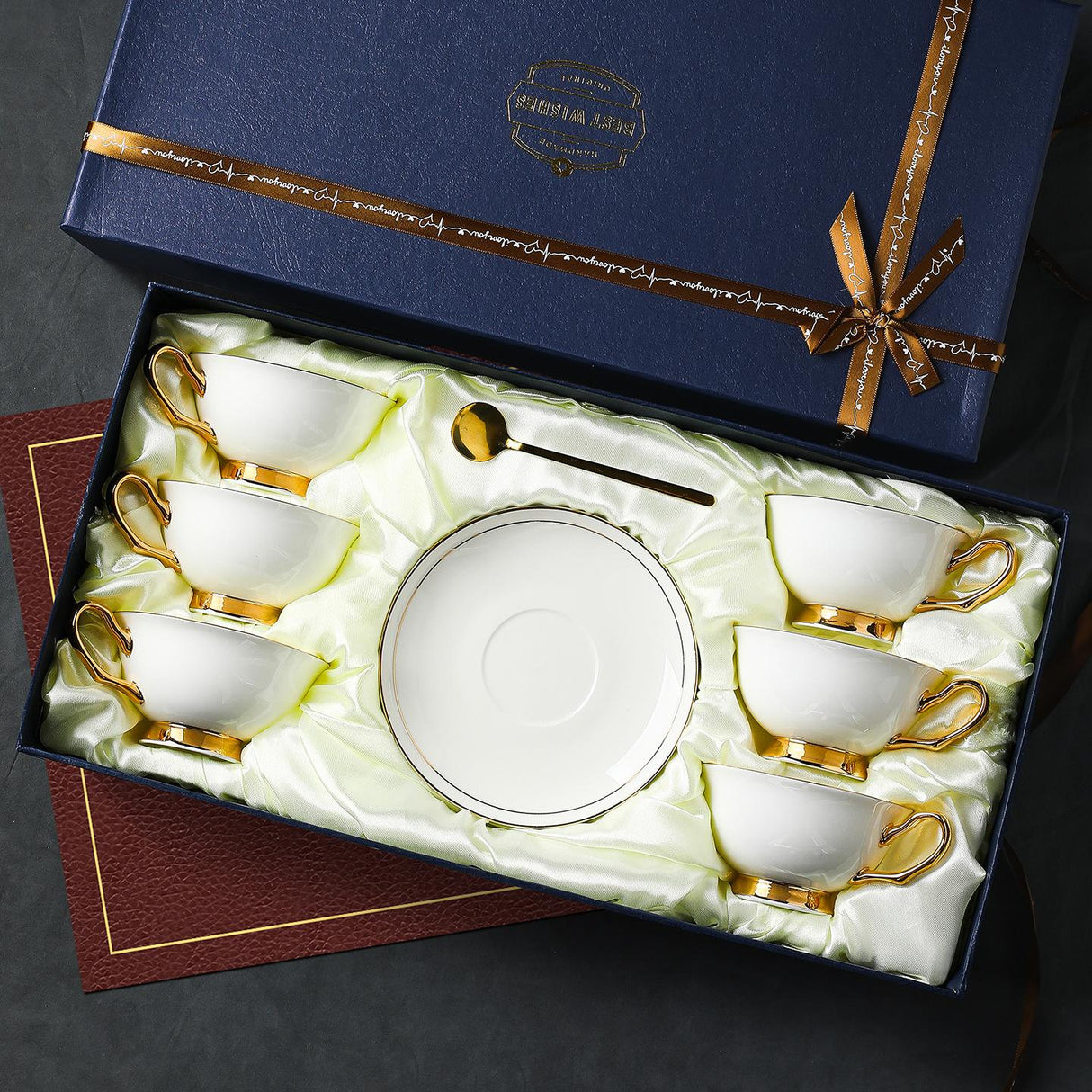 CUPURA Ollo - CCS28 Luxury Bone China Tea Cup Set with Saucer Spoon and Strainer Floral Design Light Luxury European Style Gift Box Set Bohemian Powder Blue Classical Blue Rose Angel