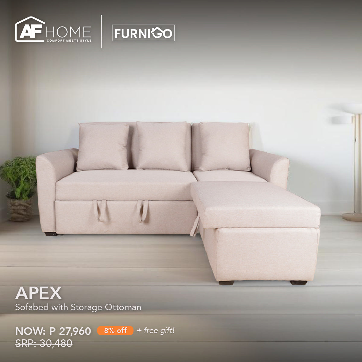 APEX Sofabed with Storage Ottoman + REECE TV RACK | FREE NANCY CUBE OTTOMAN (RANDOM COLOR) | HOME FEST Furnigo