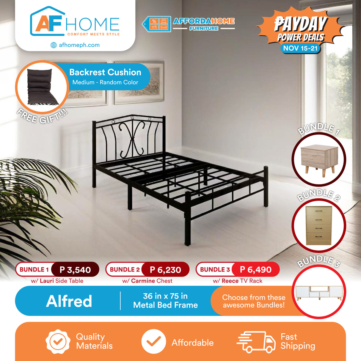 ALFRED METAL BED FRAME + CHOOSE FROM THESE AWESOME BUNDLES | FREE BACKREST CUSHION | PAYDAY POWER DEALS Affordahome