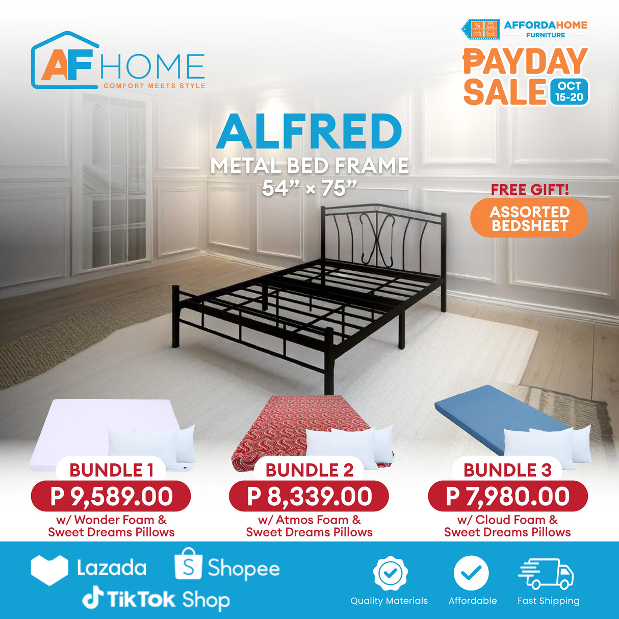 ALFRED Metal Bed Frame | FREE ASSORTED BEDSHEET | Payday Sale Affordahome