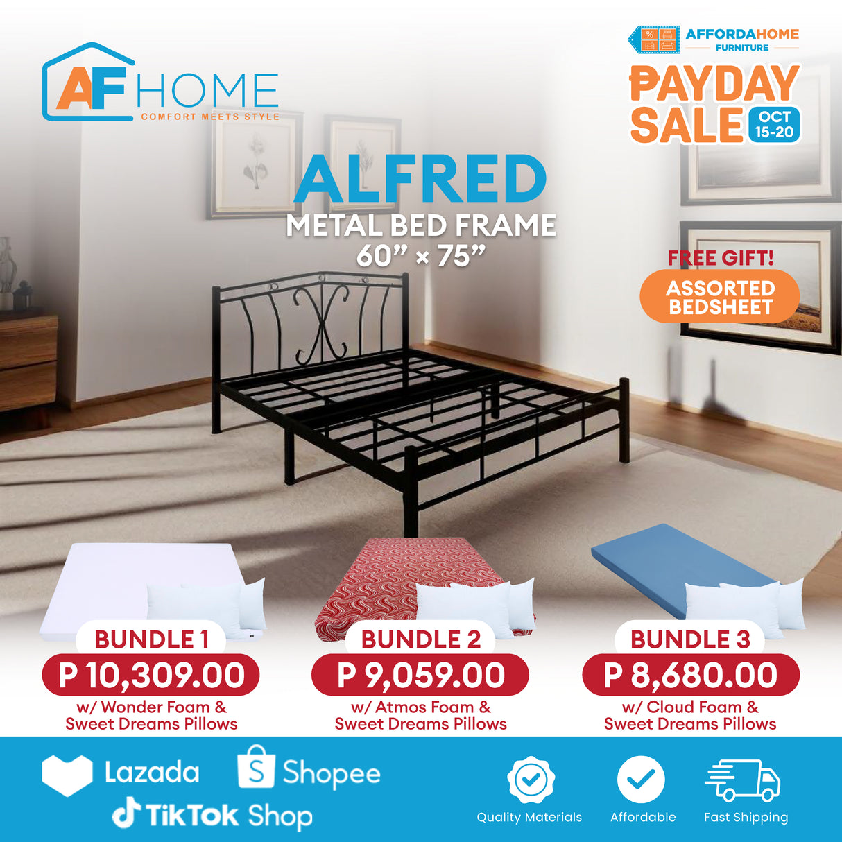 ALFRED Metal Bed Frame | FREE ASSORTED BEDSHEET | Payday Sale Affordahome