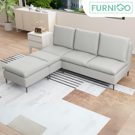 AMBERTON Armless 2-1 L-Shape Fabric Sofa with Ottoman Furnigo