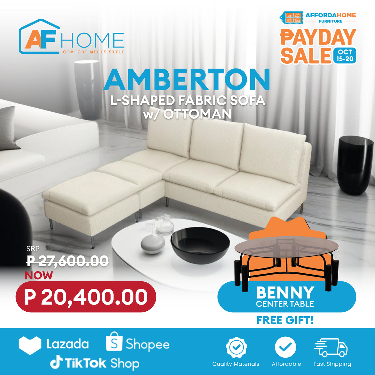 AMBERTON Armless 2-1 L-Shape Fabric Sofa with Ottoman | FREE BENNY CENTER TABLE | Payday Sale Furnigo