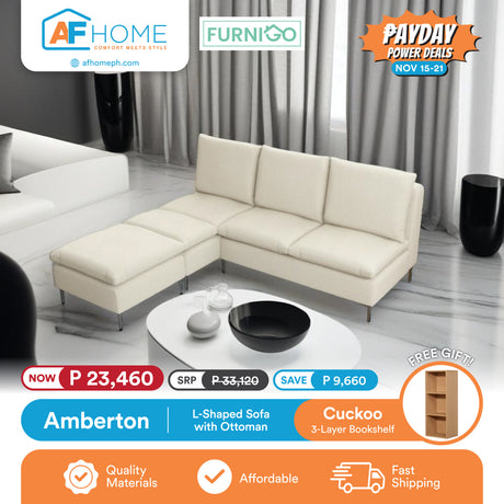 AMBERTON | L-SHAPED SOFA WITH OTTOMAN | FREE CUCKOO 3 LAYER BOOKSHELF | PAYDAY POWER DEALS Furnigo