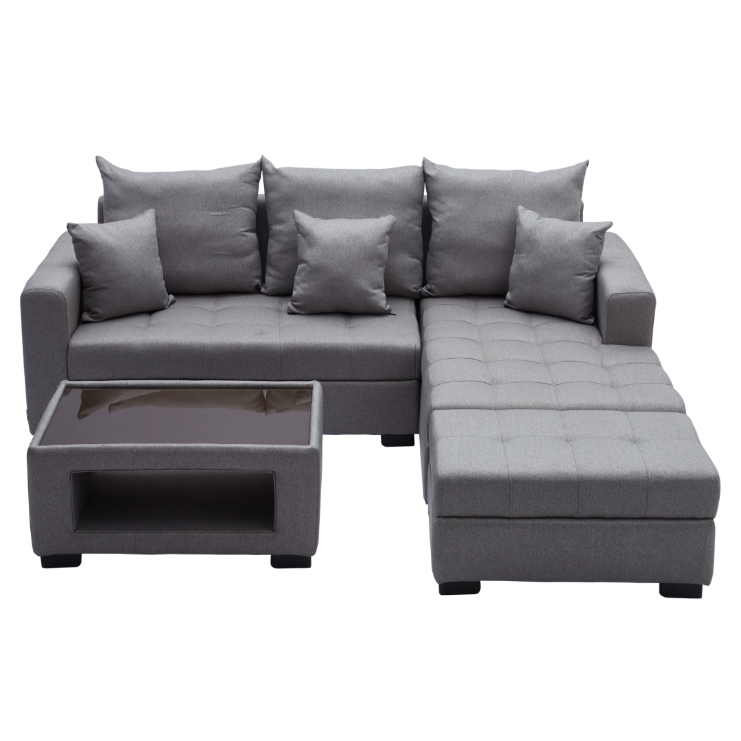 ANGELO Fabric Sofa Set with Ottoman and Glass Top Table Furnigo