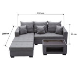 ANGELO Fabric Sofa Set with Storage Ottoman and Glass Top Table Furnigo