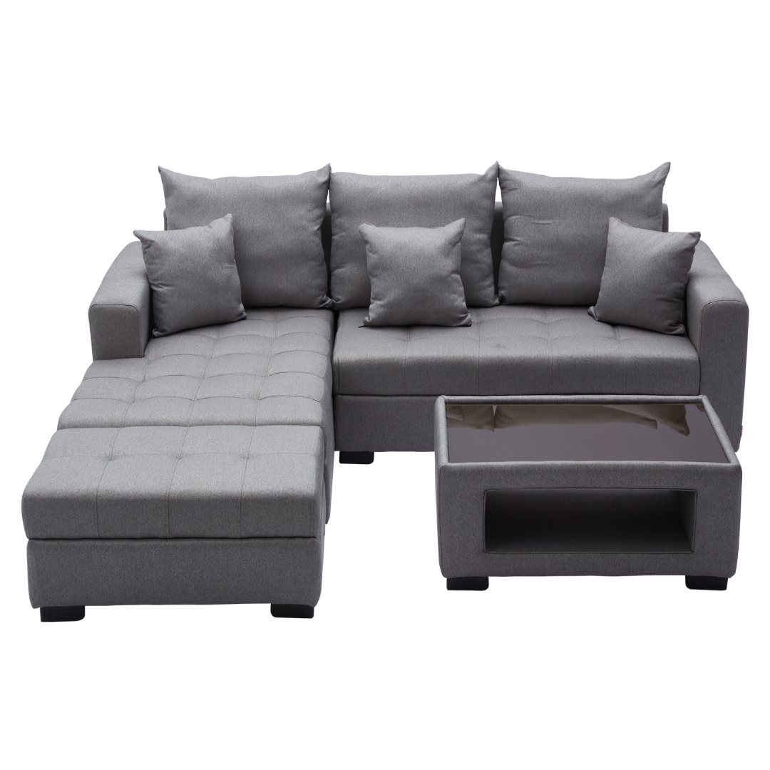 ANGELO Fabric Sofa Set with Ottoman and Glass Top Table Furnigo