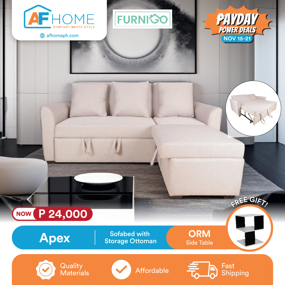 APEX | SOFABED WITH STORAGE OTTOMAN | FREE ORM SIDE TABLE | PAYDAY POWER DEALS Furnigo