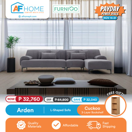 ARDEN | L-SHAPED SOFA | FREE CUCKOO 3 LAYER BOOKSHELF | PAYDAY POWER DEALS Furnigo