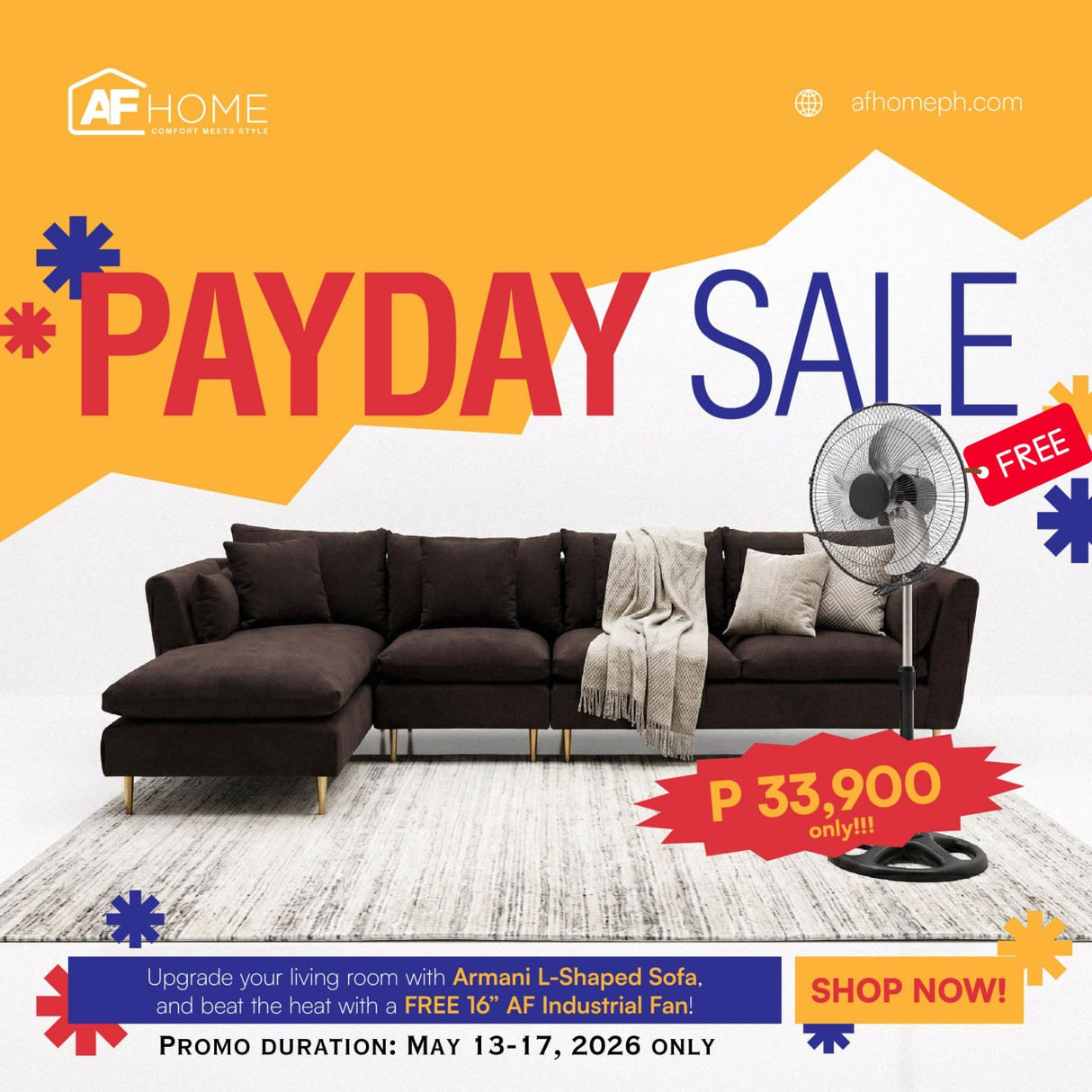 Armani L-shape Fabric Sofa Set + |FREE| AF Appliance Stand Fan 16" PAYDAY SALE MAY 13-17, 2026 Luxe Life PH