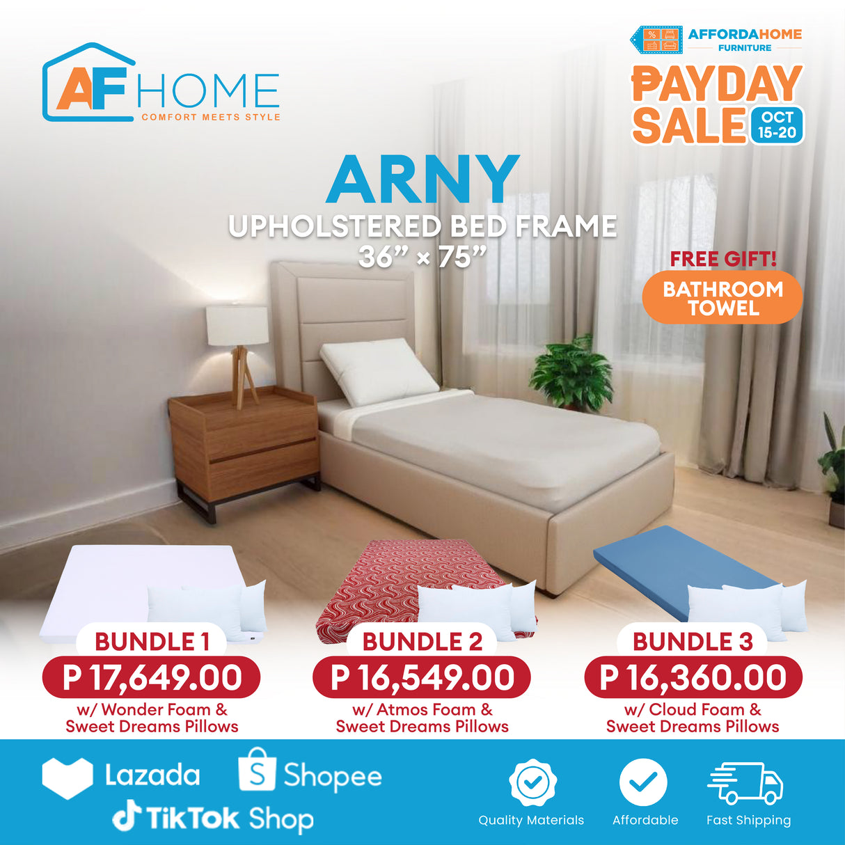 ARNY Upholstered Bed Frame | FREE BATHROOM TOWEL | Payday Sale Furnigo