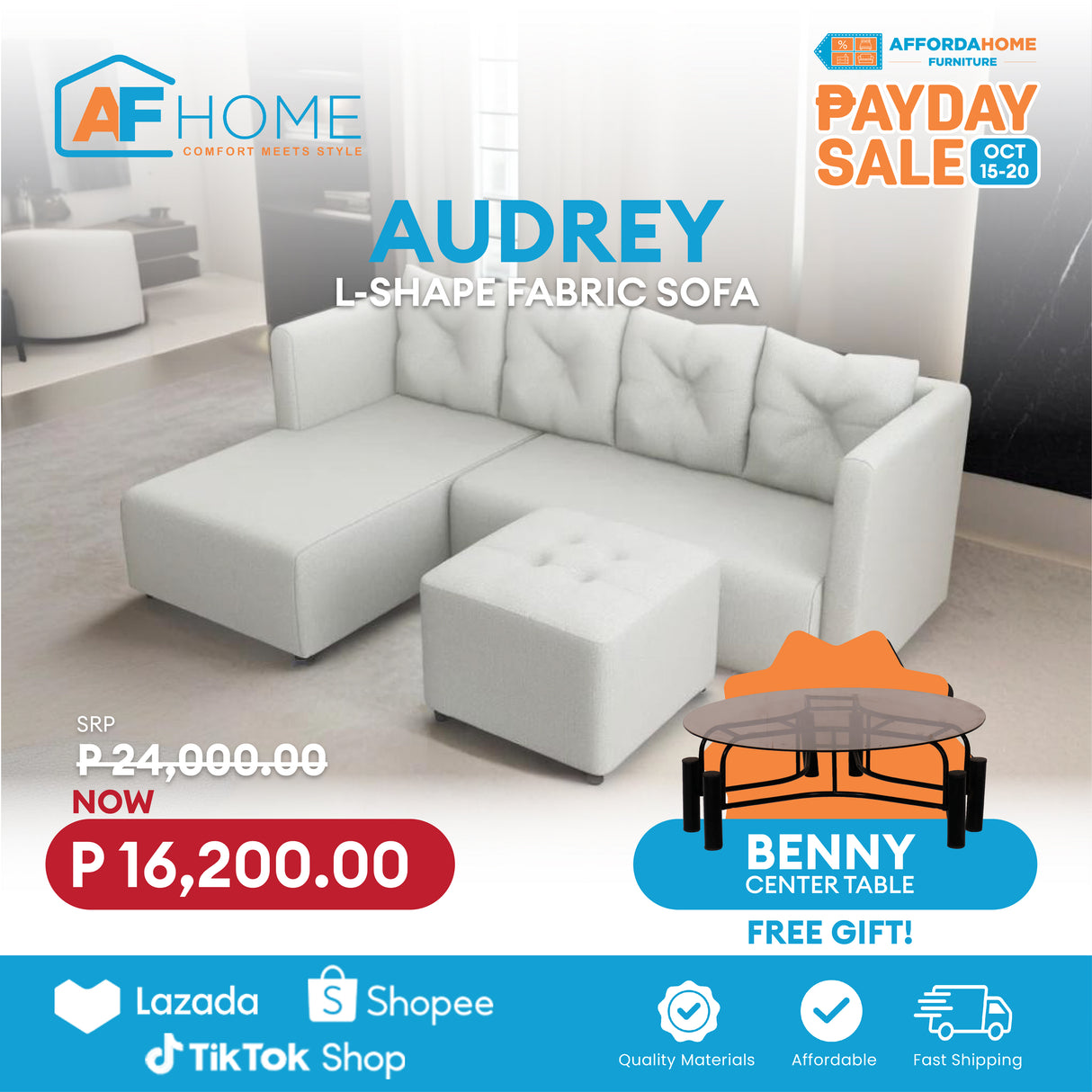 AUDREY L Shape Fabric Sofa | FREE BENNY CENTER TABLE | Payday Sale Furnigo