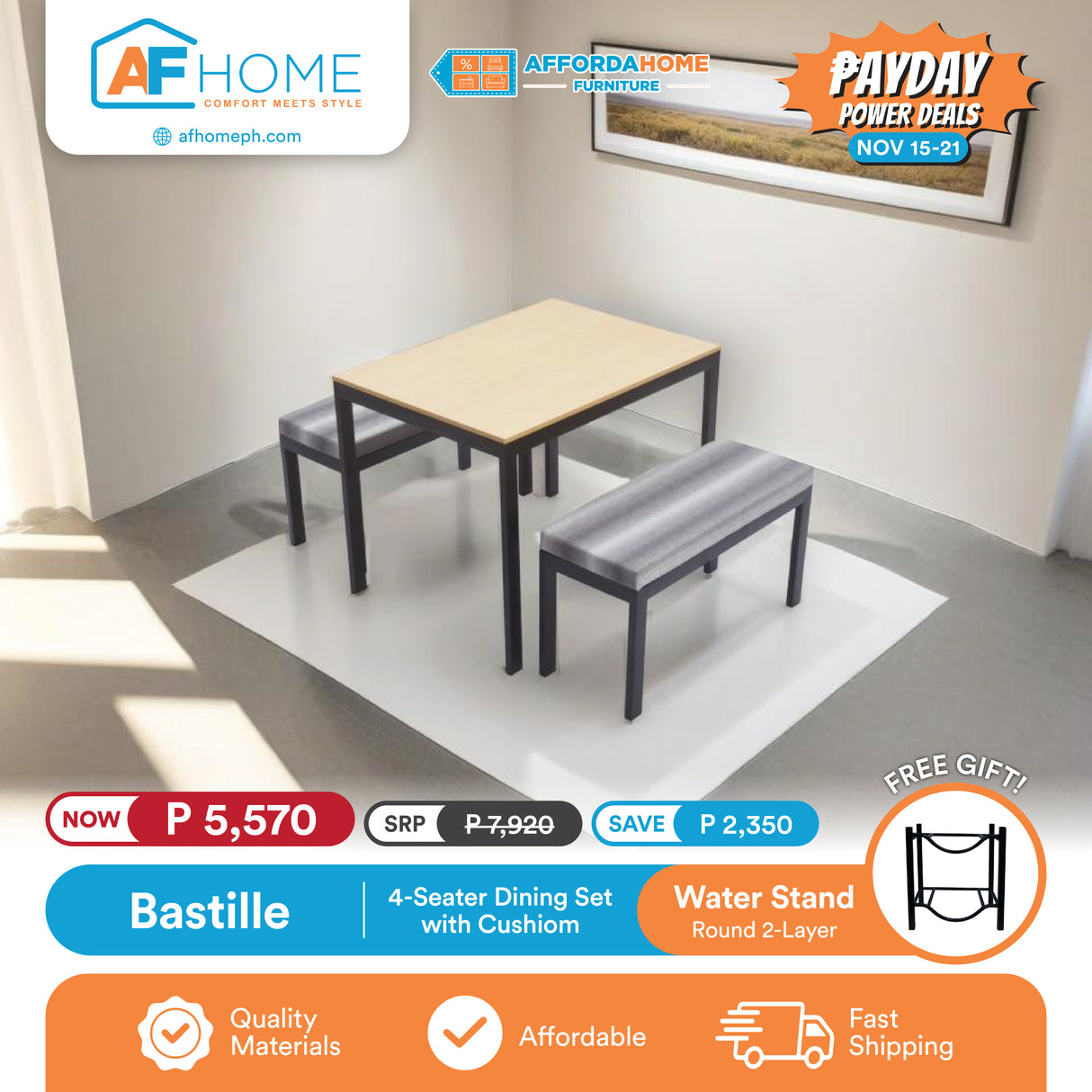 BASTILLE | 4 & 6 SEATER DINING SET W/ CUSHION | FREE ROUND MINERAL WATER STAND 2 & 3 LAYERS | PAYDAY POWER DEALS Affordahome