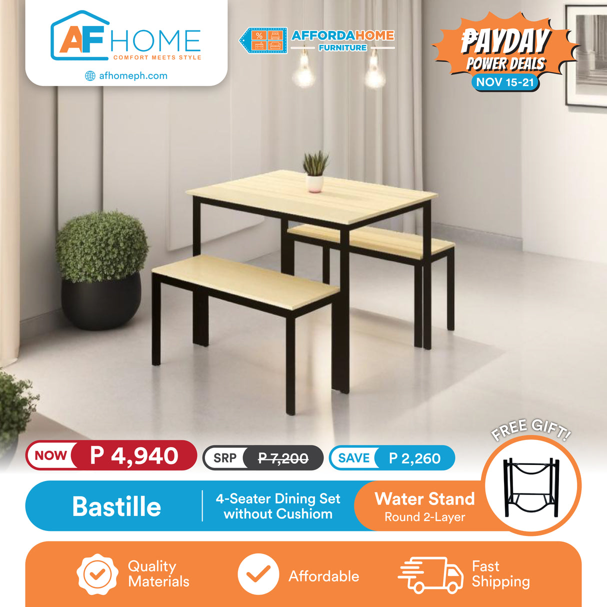 BASTILLE | 4 & 6 SEATER DINING SET W/O CUSHION | FREE ROUND WATER STAND 2 & 3 LAYERS | PAYDAY POWER DEALS Affordahome